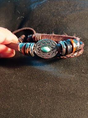 Boho Brown Leather Bracelet with Turquoise Accent